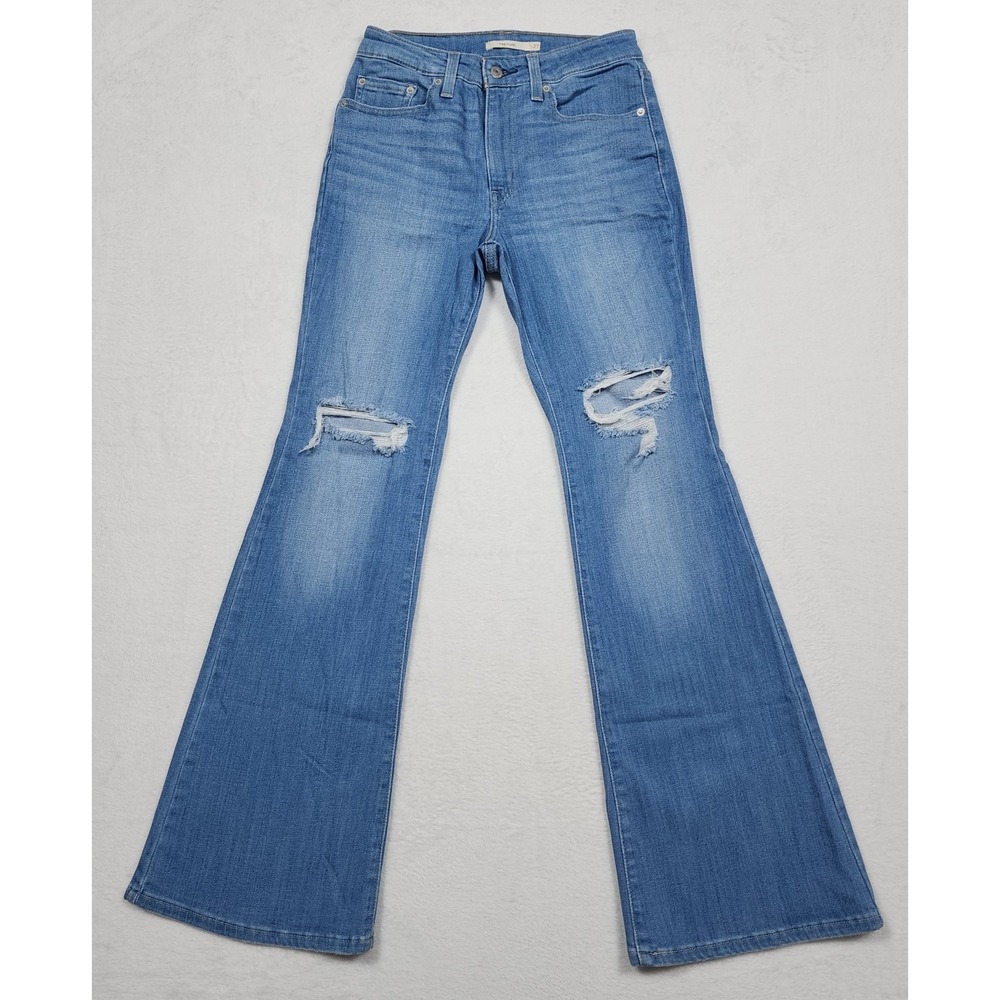 Levis Jeans 726 Womens 27 Blue Flare High Rise Stretch Denim Distressed